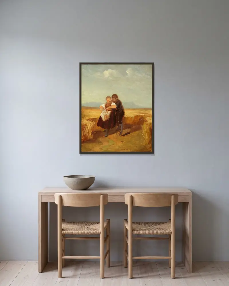 Pojke och flicka på kornfältet av Carl Spitzweg inramad på en vägg