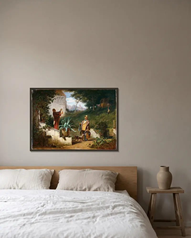 Barndomsvänner av Carl Spitzweg inramad på en vägg