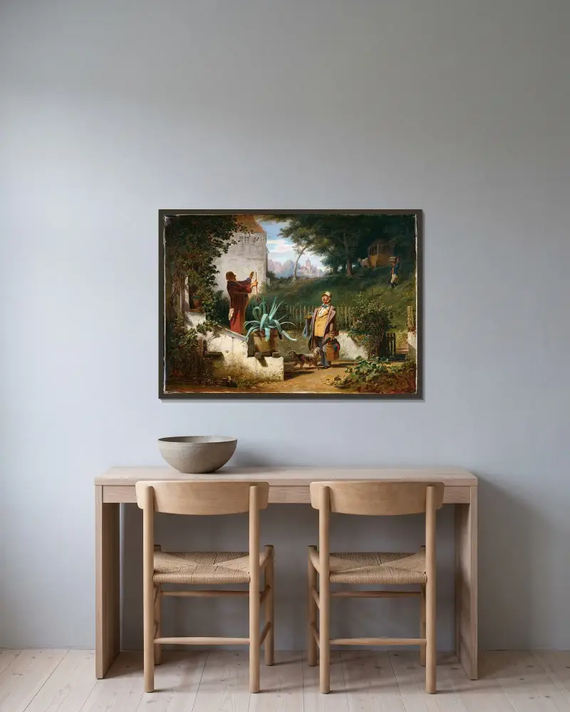 Barndomsvänner av Carl Spitzweg inramad på en vägg