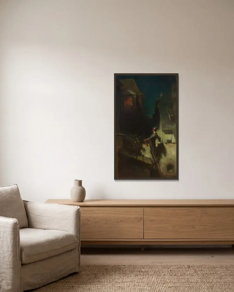 Der Mondscheingeiger von Carl Spitzweg gerahmt an einer Wand