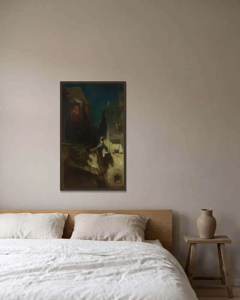 Der Mondscheingeiger von Carl Spitzweg gerahmt an einer Wand