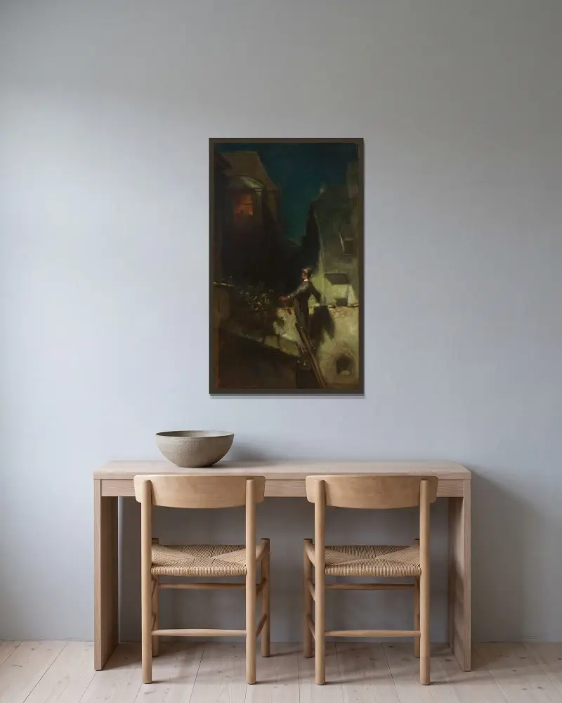Der Mondscheingeiger von Carl Spitzweg gerahmt an einer Wand