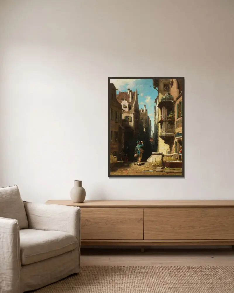 Der Postbote von Carl Spitzweg gerahmt an einer Wand