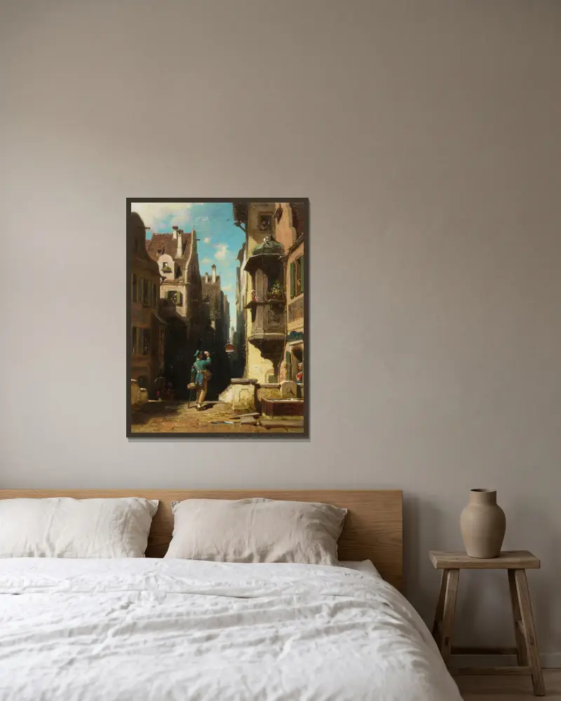 Der Postbote von Carl Spitzweg gerahmt an einer Wand