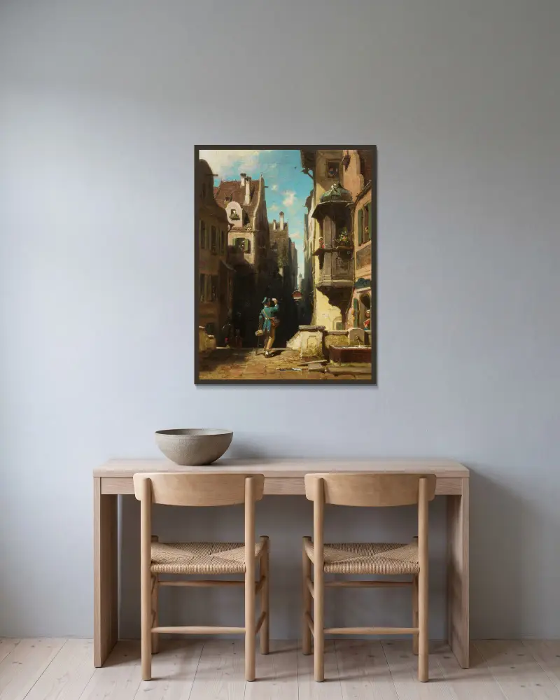 Der Postbote von Carl Spitzweg gerahmt an einer Wand