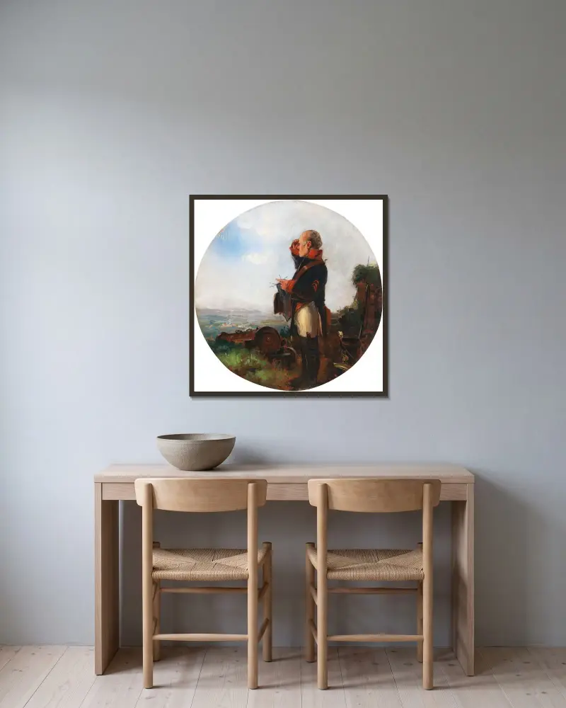 Den stickande soldaten av Carl Spitzweg inramad på en vägg