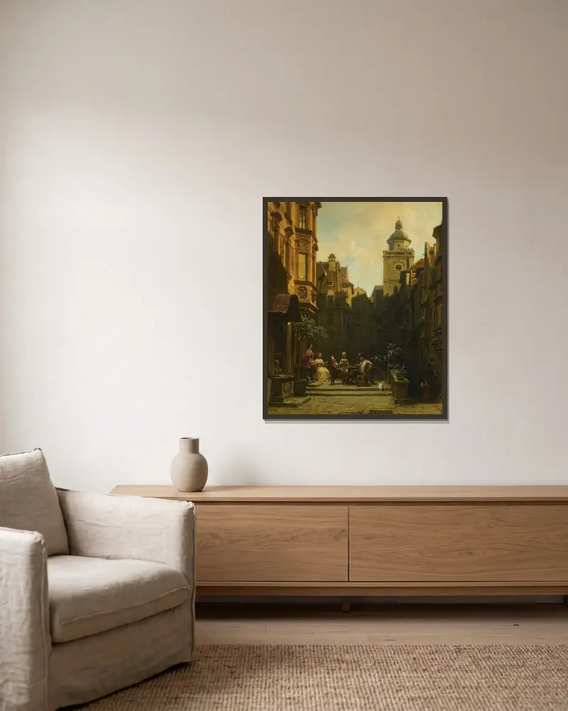 Die Plauderstunde von Carl Spitzweg gerahmt an einer Wand