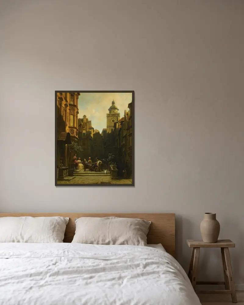 Die Plauderstunde von Carl Spitzweg gerahmt an einer Wand