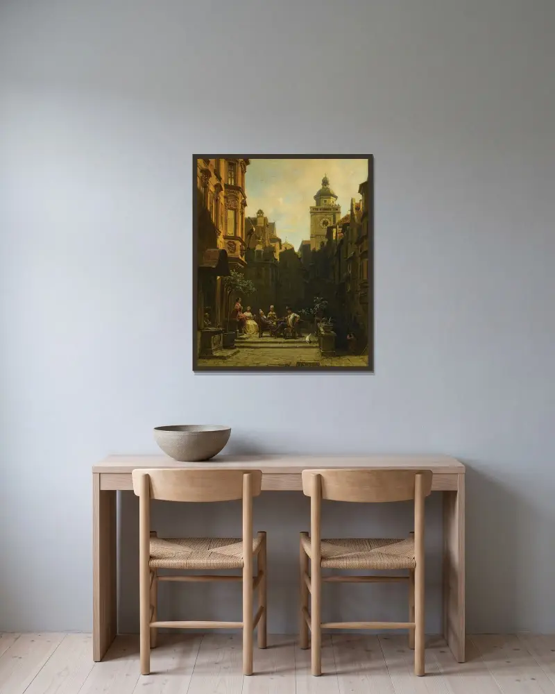Die Plauderstunde von Carl Spitzweg gerahmt an einer Wand