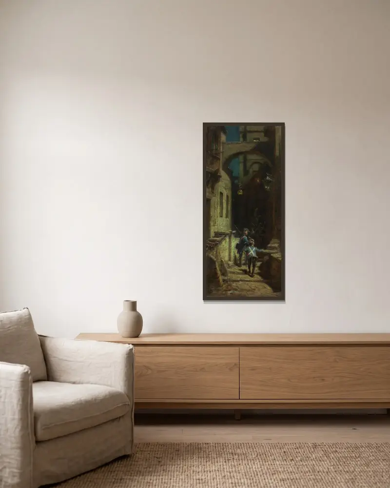 Die Scharwache von Carl Spitzweg gerahmt an einer Wand