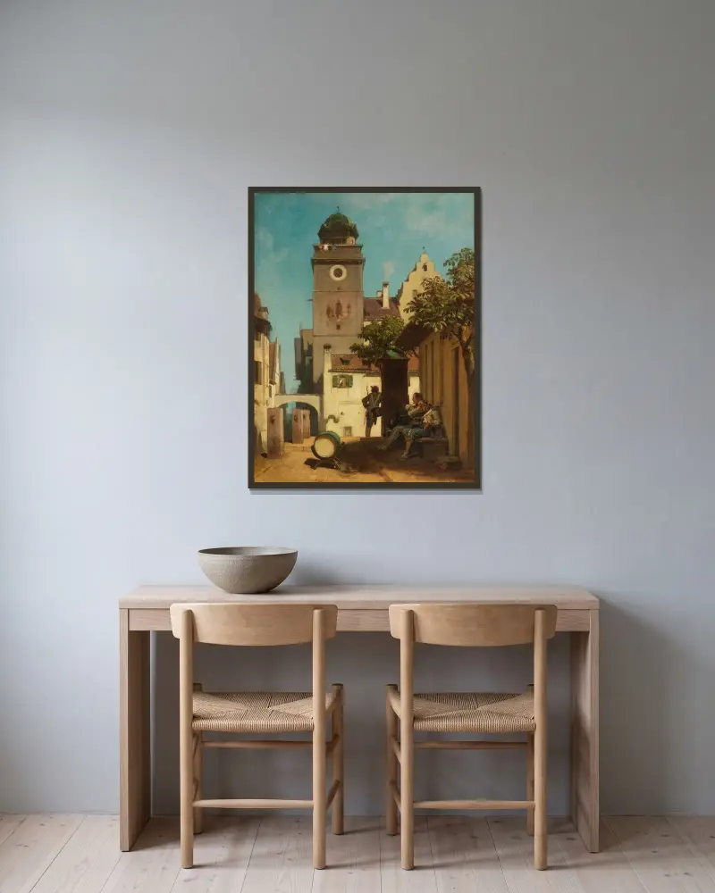 Stadsvakten av Carl Spitzweg inramad på en vägg