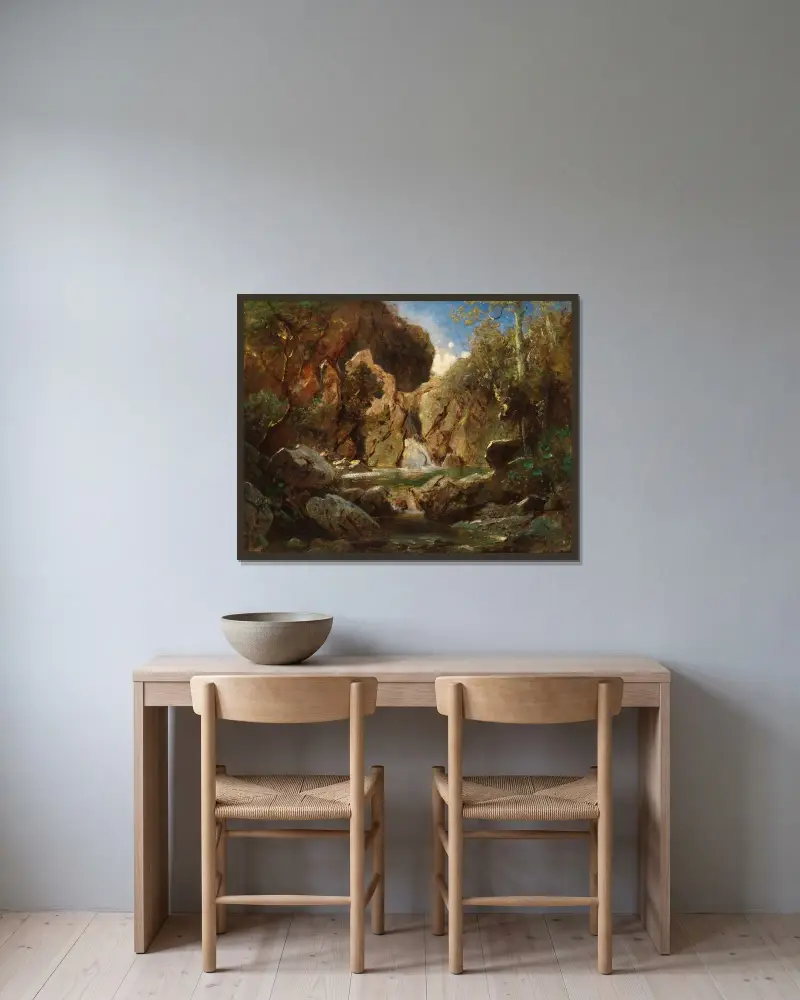 Klippgryta med forsande vatten av Carl Spitzweg inramad på en vägg