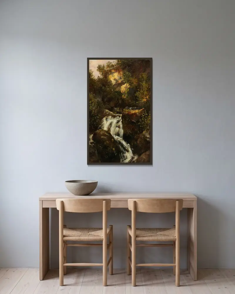 Klippstudie med vattenfall av Carl Spitzweg inramad på en vägg
