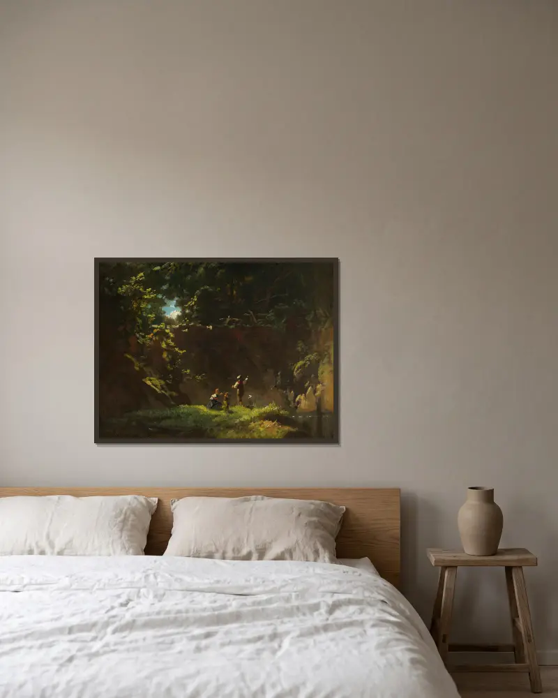 Fischende Kinder von Carl Spitzweg gerahmt an einer Wand