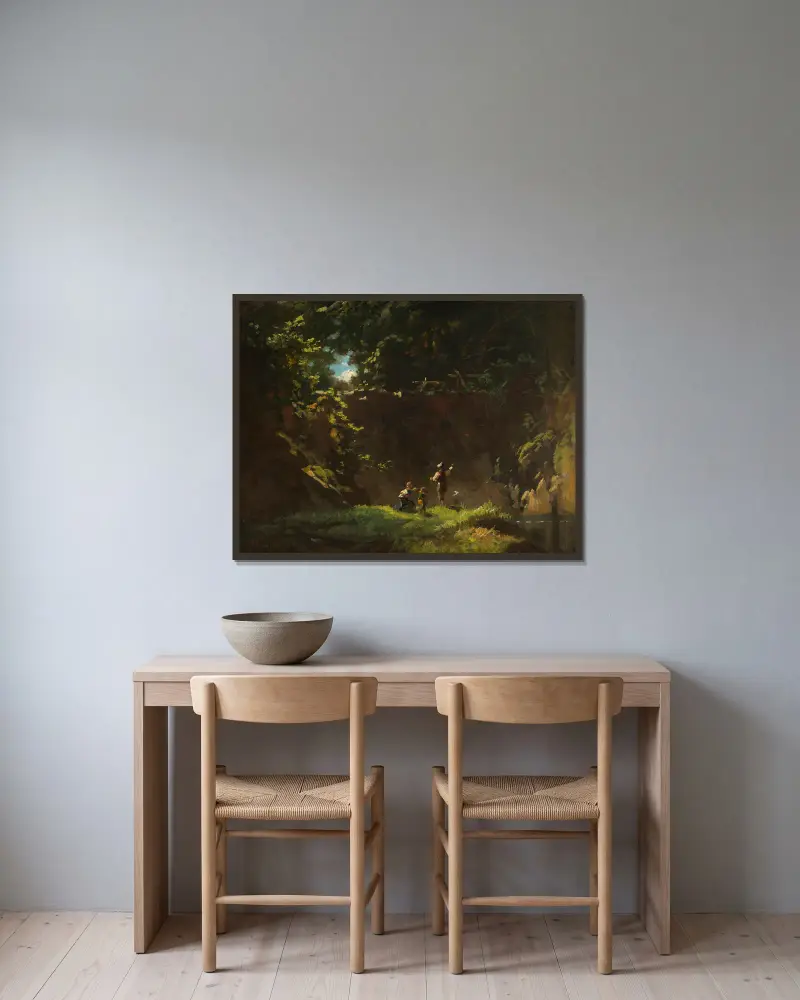 Fischende Kinder von Carl Spitzweg gerahmt an einer Wand
