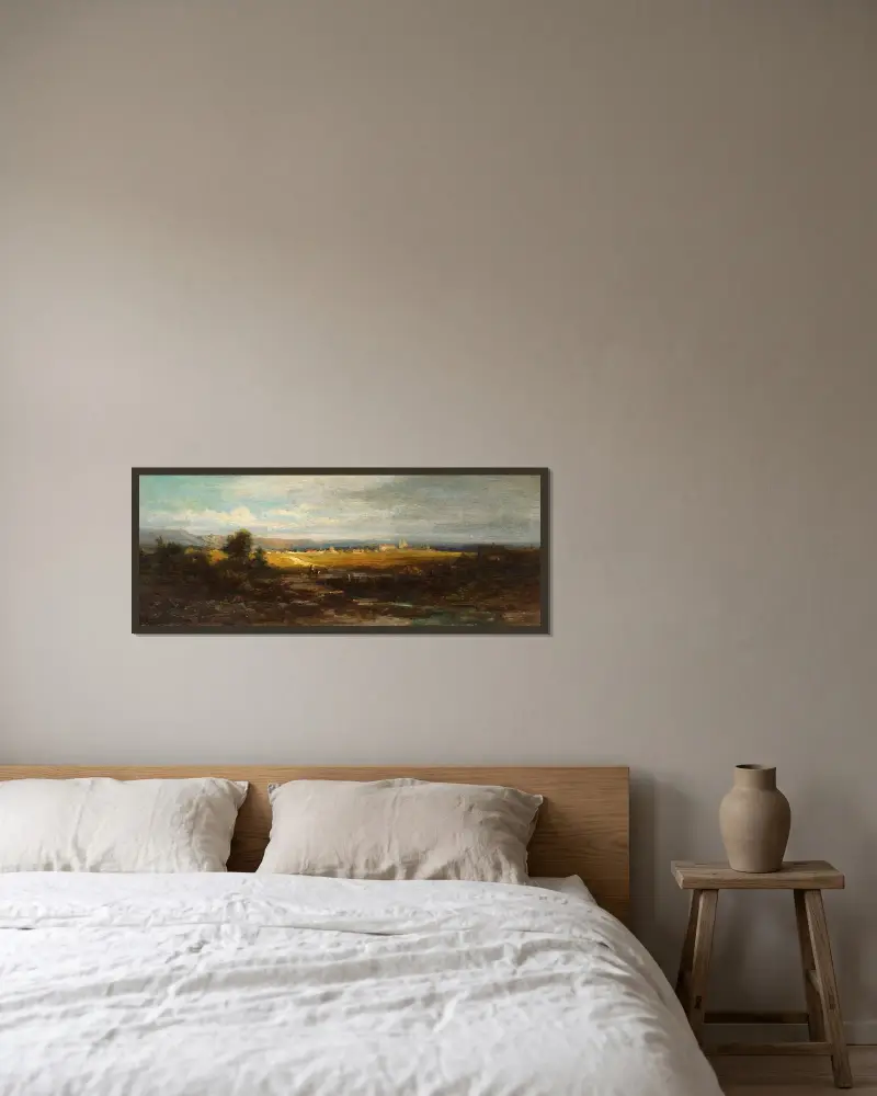 Flackt landskap vid förbergen av Carl Spitzweg inramad på en vägg