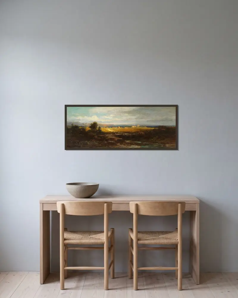 Flackt landskap vid förbergen av Carl Spitzweg inramad på en vägg