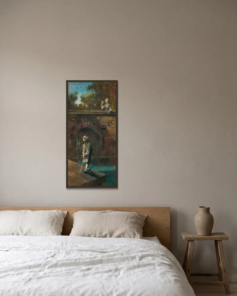 Galant scen vid en flodbro av Carl Spitzweg inramad på en vägg