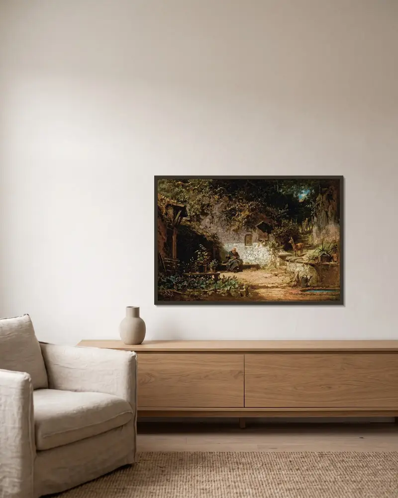 Eremiten som lagar sina nät av Carl Spitzweg inramad på en vägg