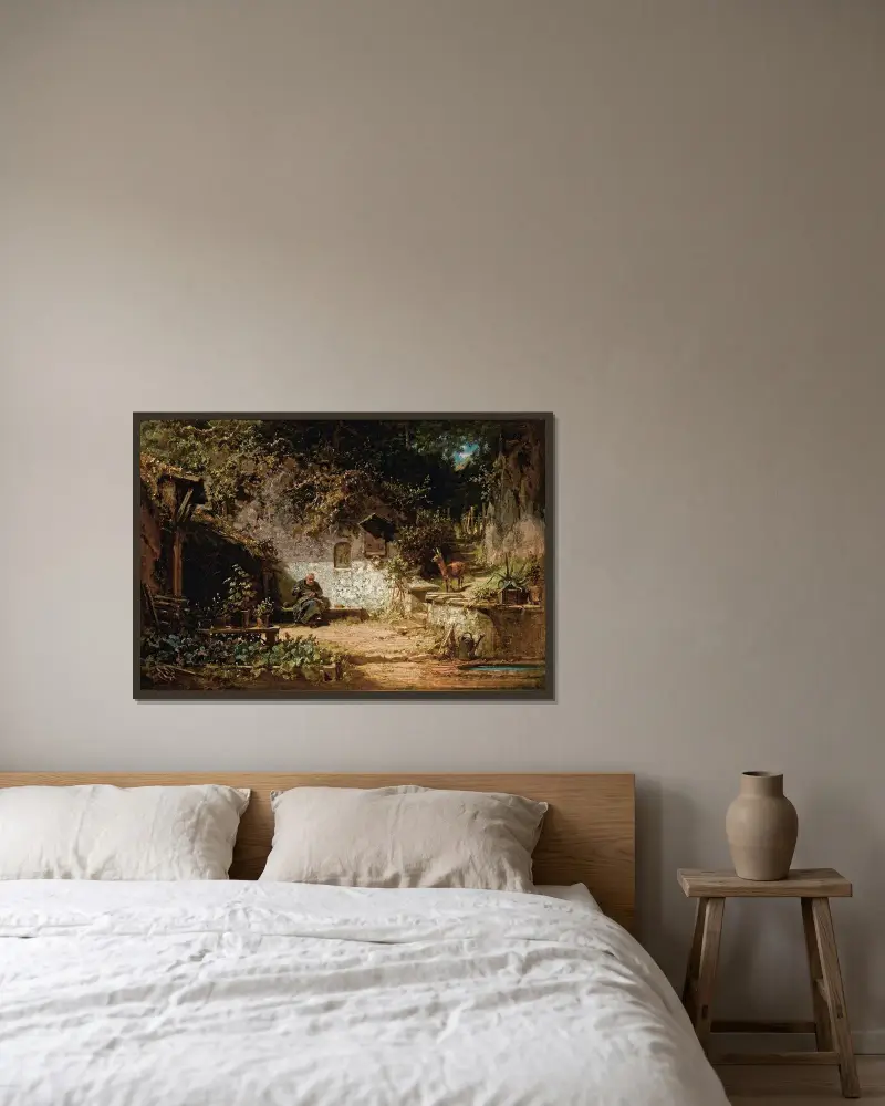 Eremiten som lagar sina nät av Carl Spitzweg inramad på en vägg