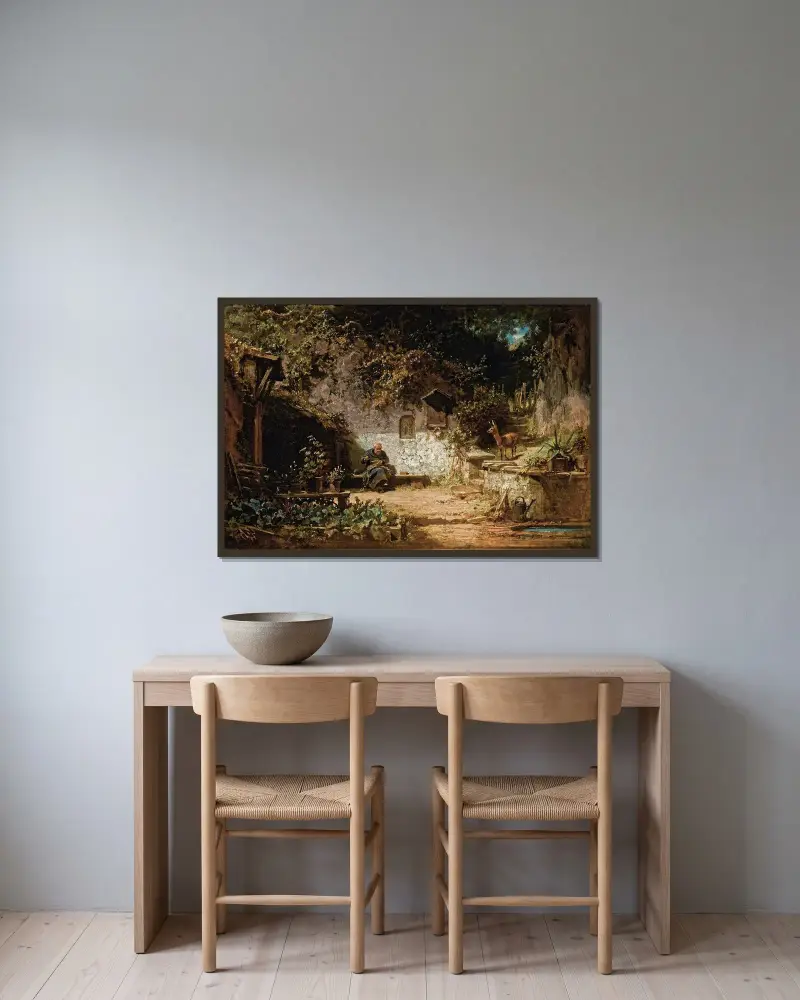 Eremiten som lagar sina nät av Carl Spitzweg inramad på en vägg