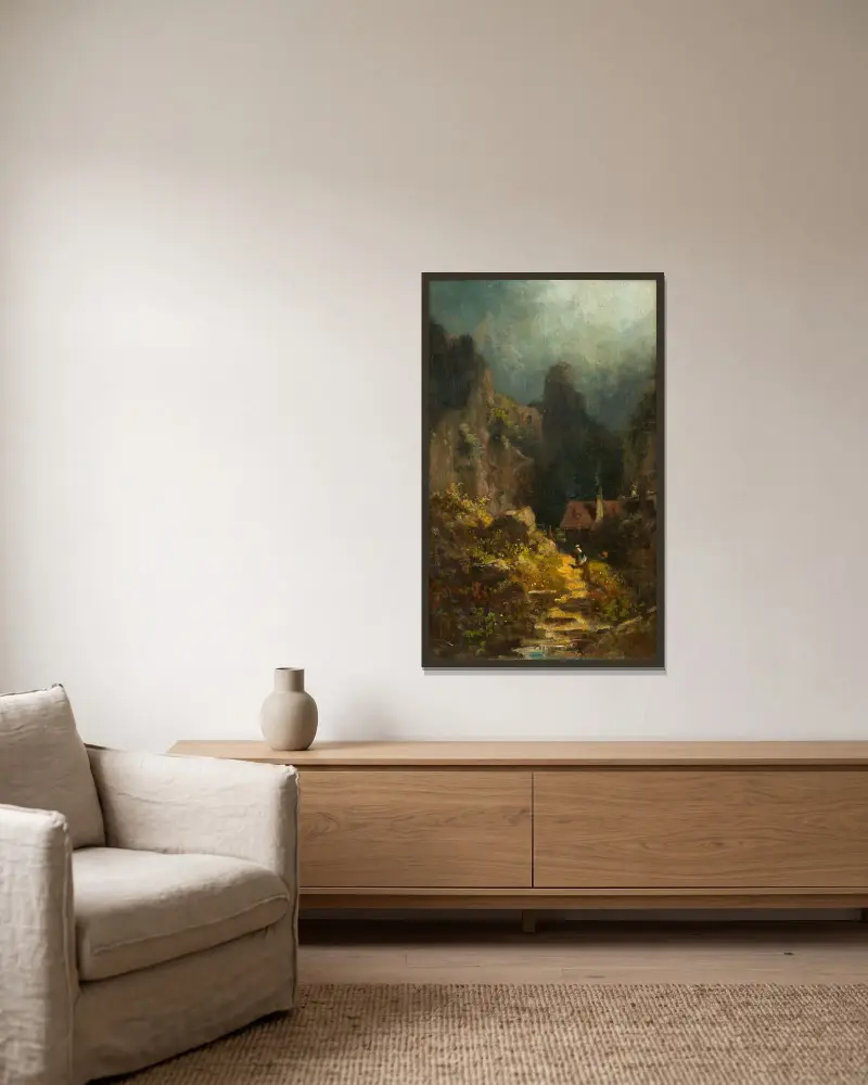 I klyftan (hus i dalen med rykande skorsten) av Carl Spitzweg inramad på en vägg