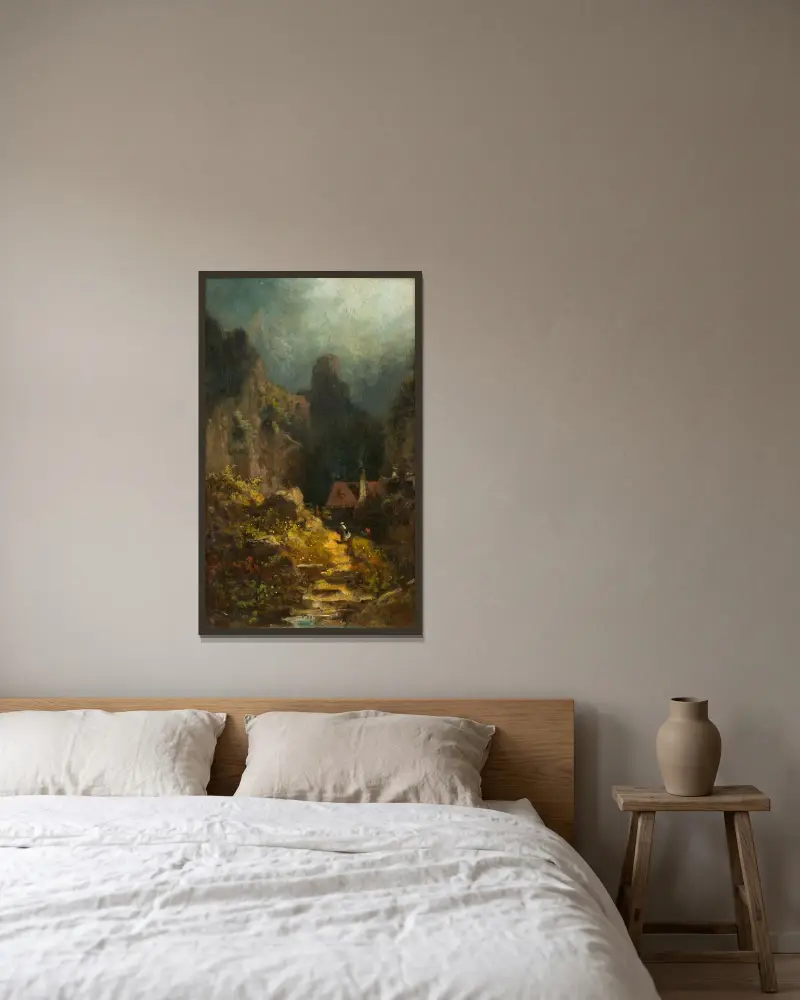 I klyftan (hus i dalen med rykande skorsten) av Carl Spitzweg inramad på en vägg