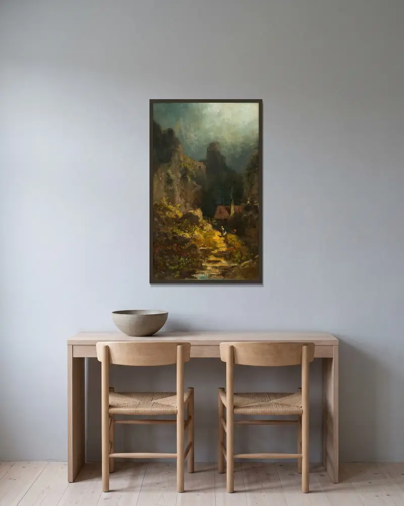 I klyftan (hus i dalen med rykande skorsten) av Carl Spitzweg inramad på en vägg