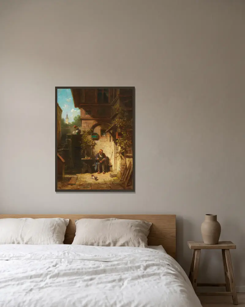 In Erwartung der Zeitung av Carl Spitzweg inramad på en vägg
