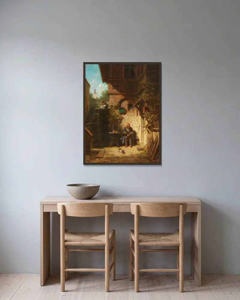 In Erwartung der Zeitung av Carl Spitzweg inramad på en vägg