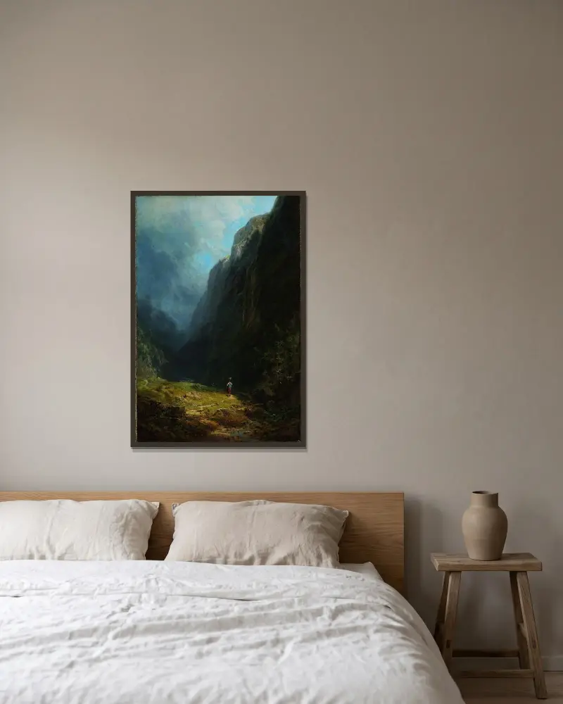 I den alpina höjdalen (Landskap med berget Wendelstein) av Carl Spitzweg inramad på en vägg