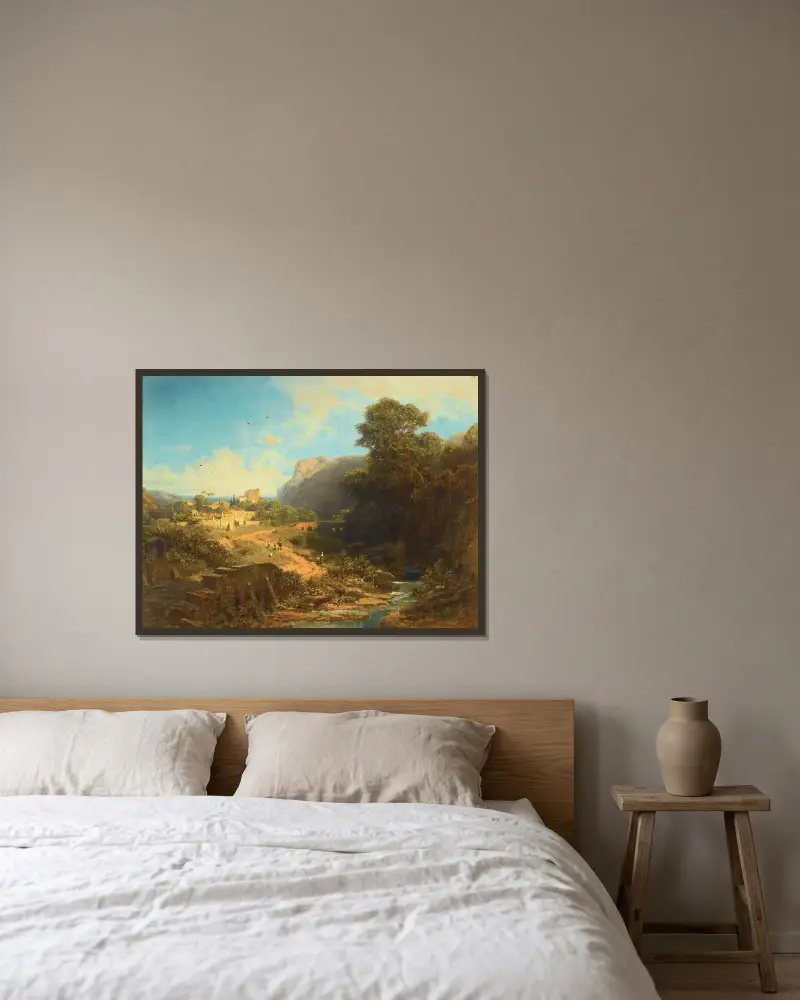 Italienskt landskap av Carl Spitzweg inramad på en vägg