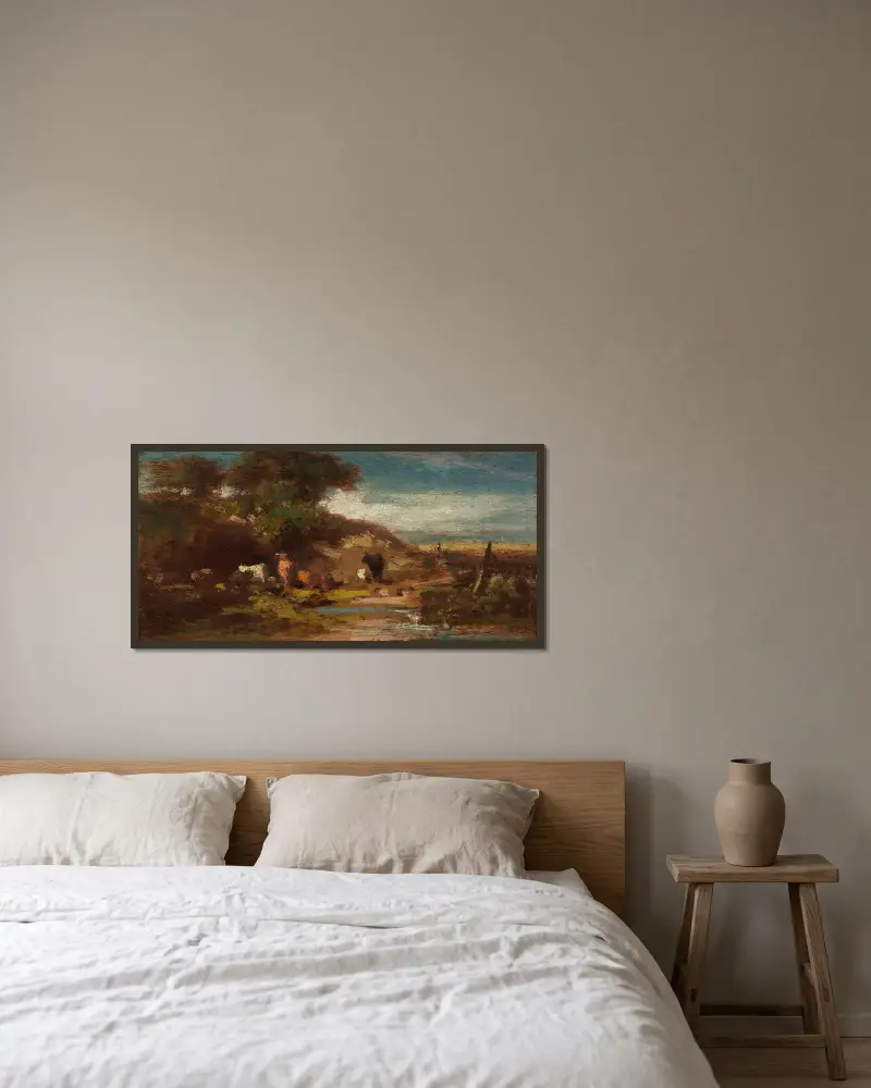Landschaft mit Kühen von Carl Spitzweg gerahmt an einer Wand