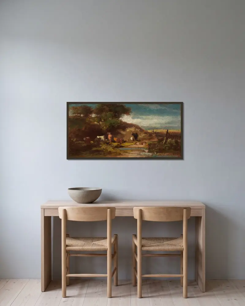 Landschaft mit Kühen von Carl Spitzweg gerahmt an einer Wand
