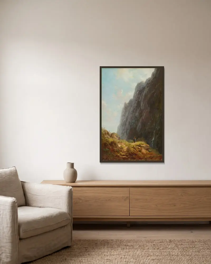 Berg och mjölkpiga längs en slingrande stengång av Carl Spitzweg inramad på en vägg