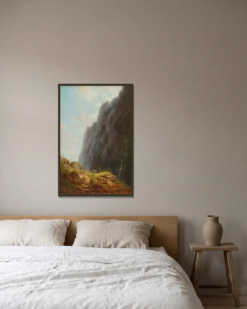 Berg och mjölkpiga längs en slingrande stengång av Carl Spitzweg inramad på en vägg