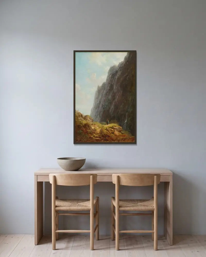 Berg och mjölkpiga längs en slingrande stengång av Carl Spitzweg inramad på en vägg
