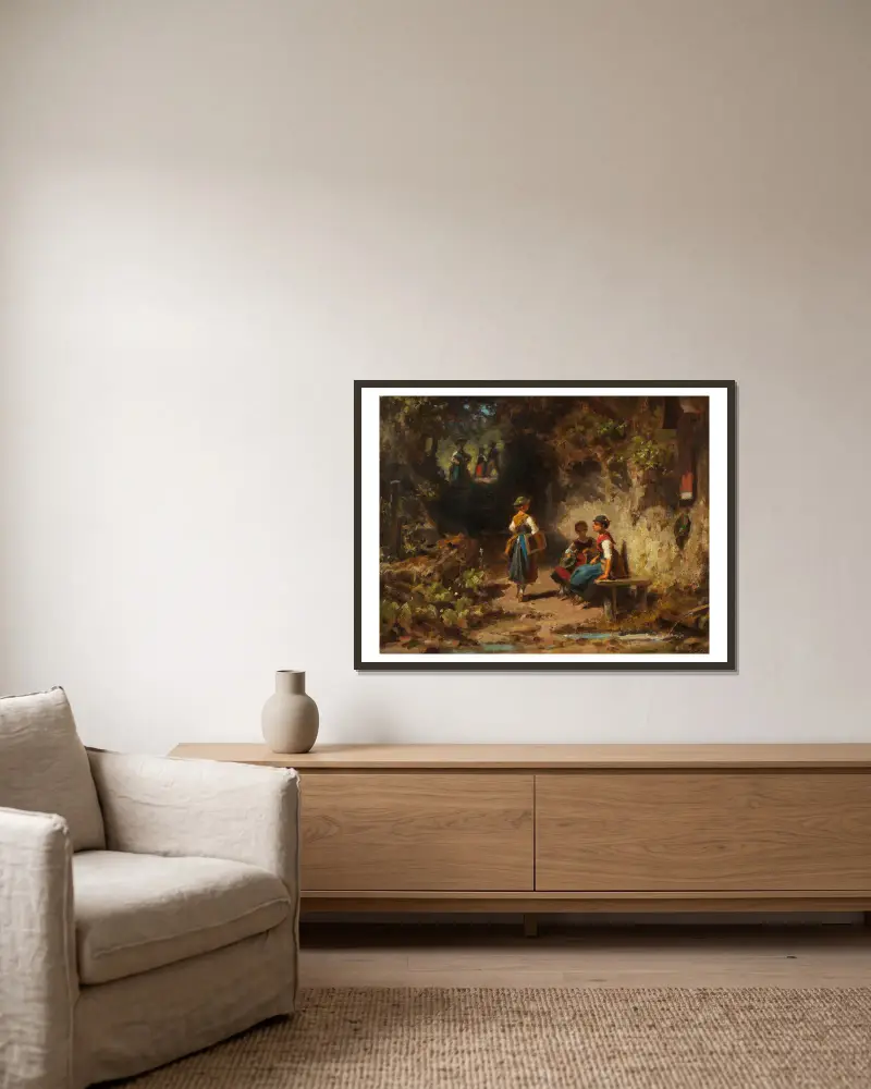 Schulmädchen im Walde von Carl Spitzweg gerahmt an einer Wand