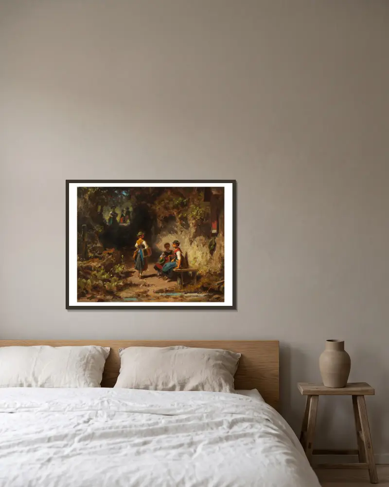 Schulmädchen im Walde von Carl Spitzweg gerahmt an einer Wand