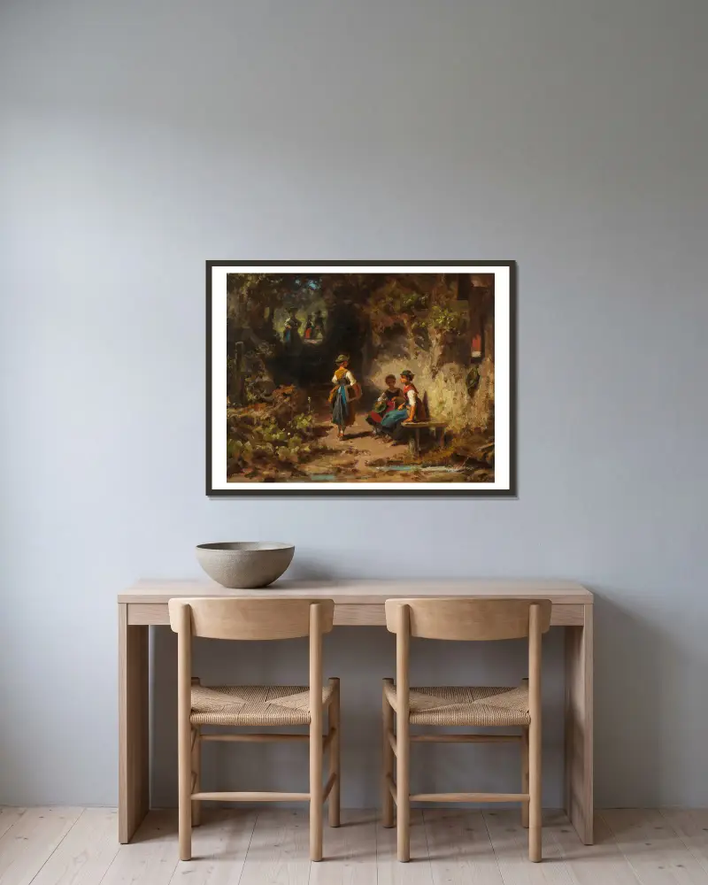 Schulmädchen im Walde von Carl Spitzweg gerahmt an einer Wand