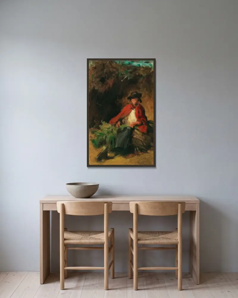 Sittande flicka med röd cape och en hare framför sig av Carl Spitzweg inramad på en vägg