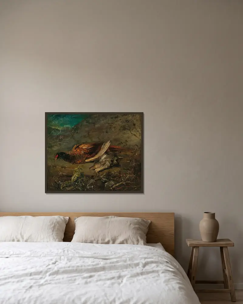 Stillleben mit Fasan und Schnepfe von Carl Spitzweg gerahmt an einer Wand