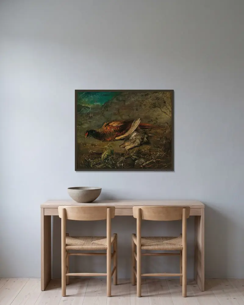 Stillleben mit Fasan und Schnepfe von Carl Spitzweg gerahmt an einer Wand