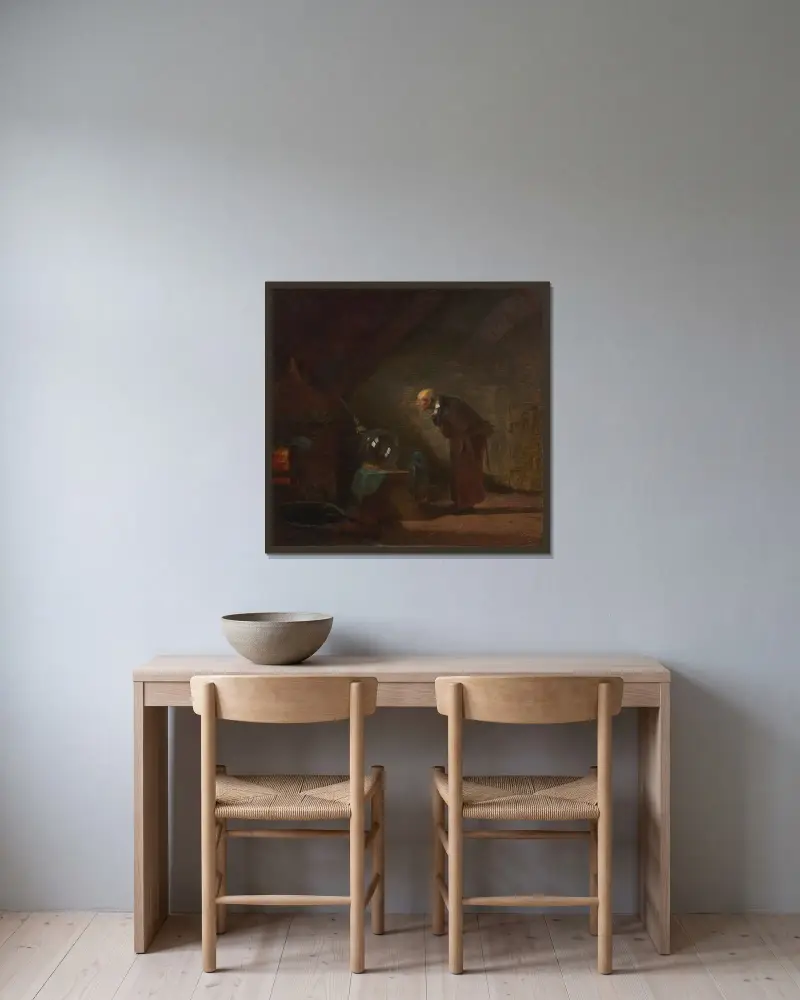 Alkemisten av Carl Spitzweg inramad på en vägg