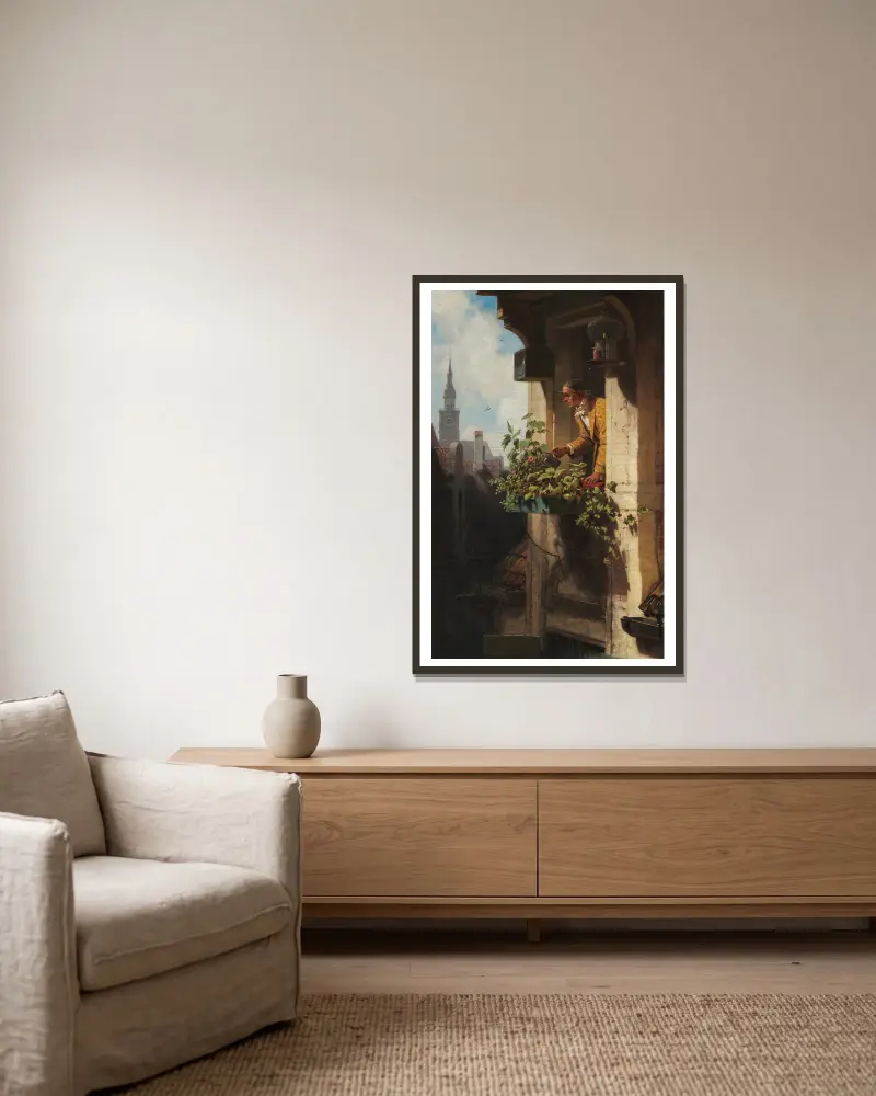 Die Mansarde I von Carl Spitzweg gerahmt an einer Wand