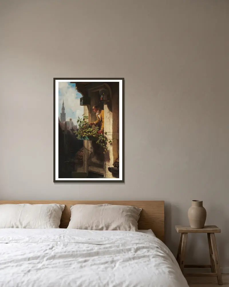 Die Mansarde I von Carl Spitzweg gerahmt an einer Wand