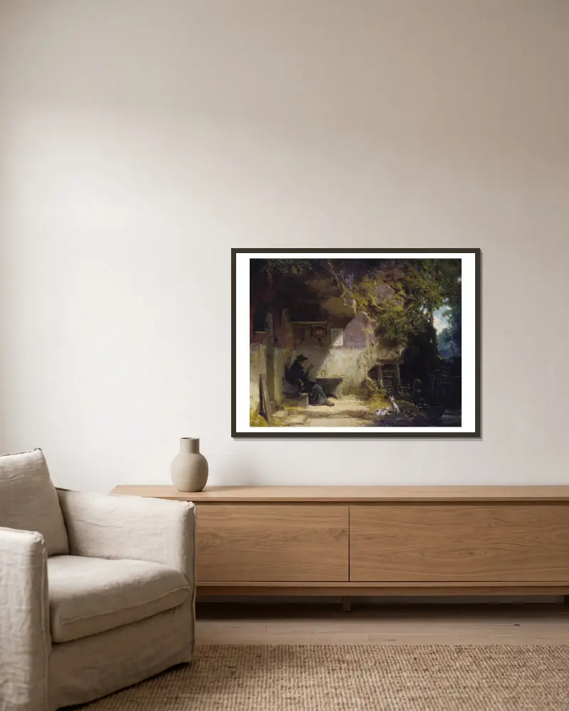Eremiten framför sin hydda av Carl Spitzweg inramad på en vägg
