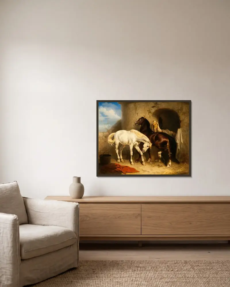 Horses at the Stable av Carl Wahlbom inramad på en vägg