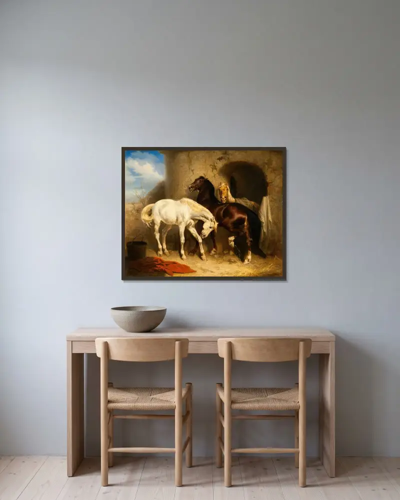 Horses at the Stable av Carl Wahlbom inramad på en vägg