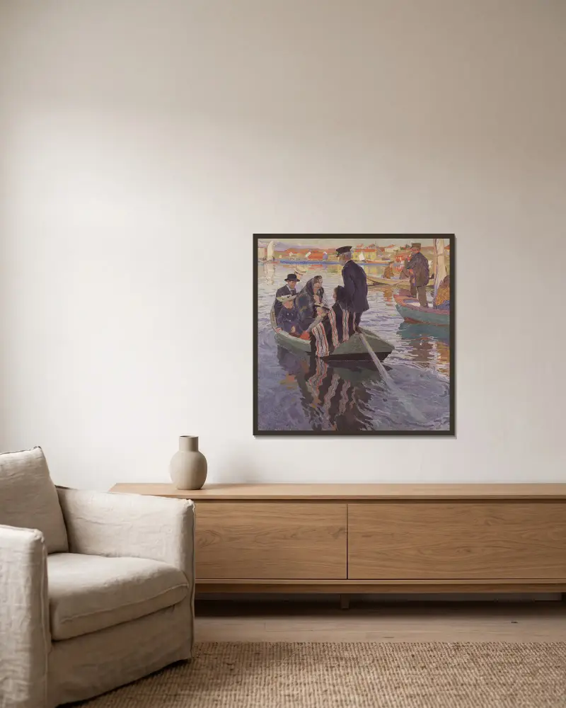 Kyrkobesökare i båt av Carl Wilhelmson inramad på en vägg